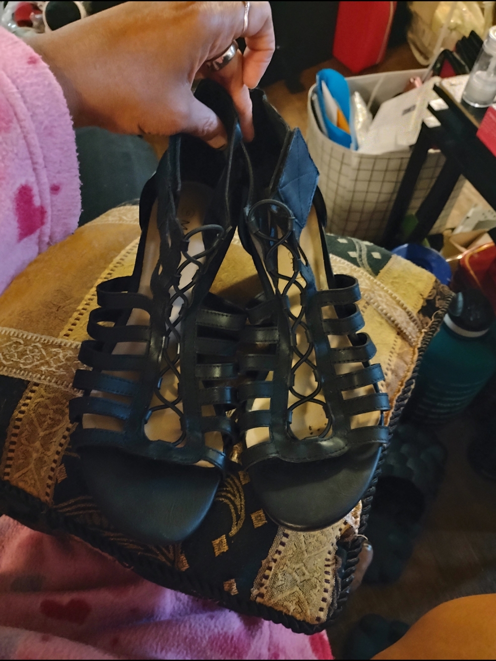 Black Strappy Wedge Sandals